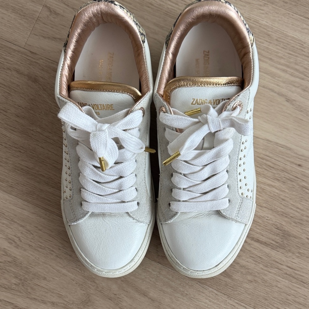 Zadig & Voltaire Back Wild White Sneakers with Rose Gold and Gold Accents
